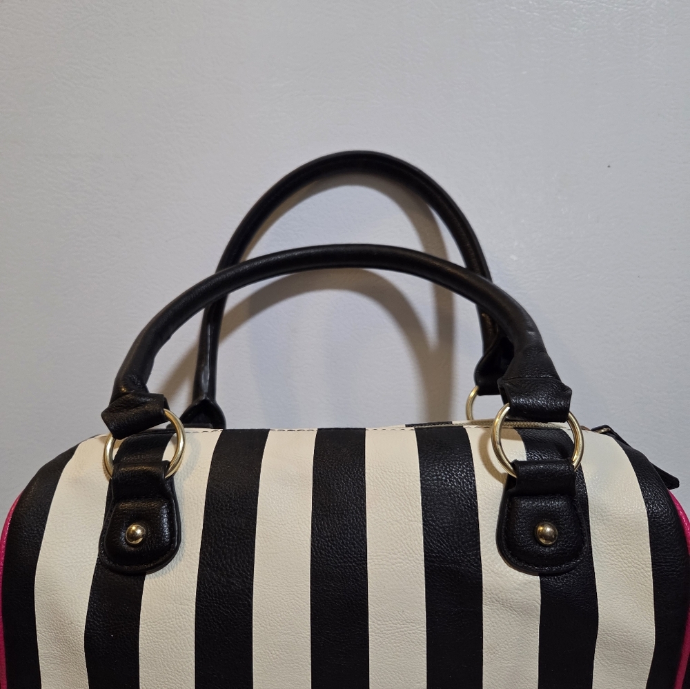 SOLD Betsey Johnson Black and White Striped Satchel w/Pink Accents - Picture 8 of 14